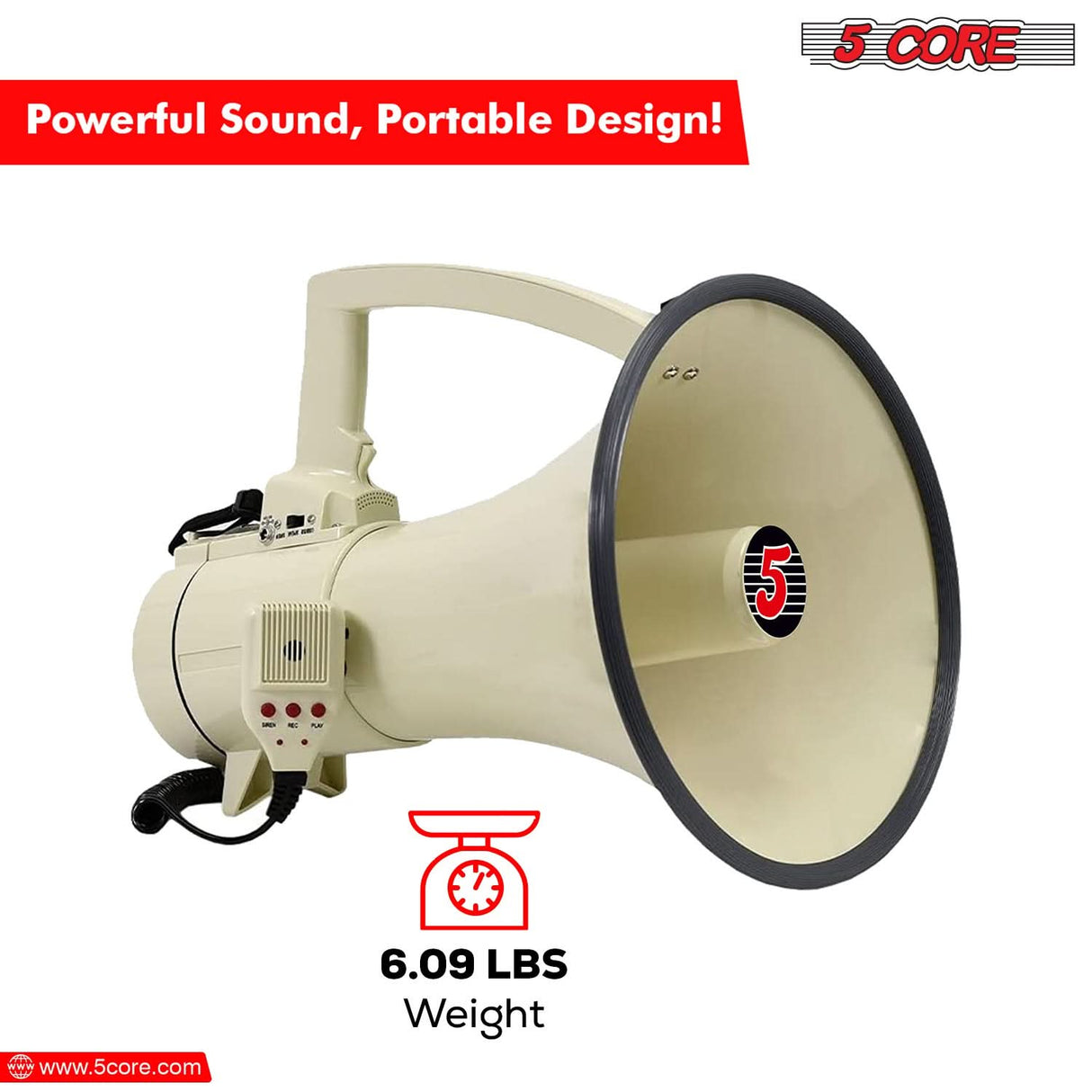 5Core Megaphone Bullhorn Speaker 100W Bull Horn Cheer Megafono 2000 Yards Range Loudspeaker W Siren