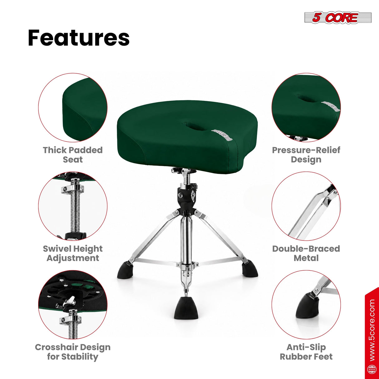 5 Core Drum Throne w 4.5" Padded Stool Adjustable Drummer Chair