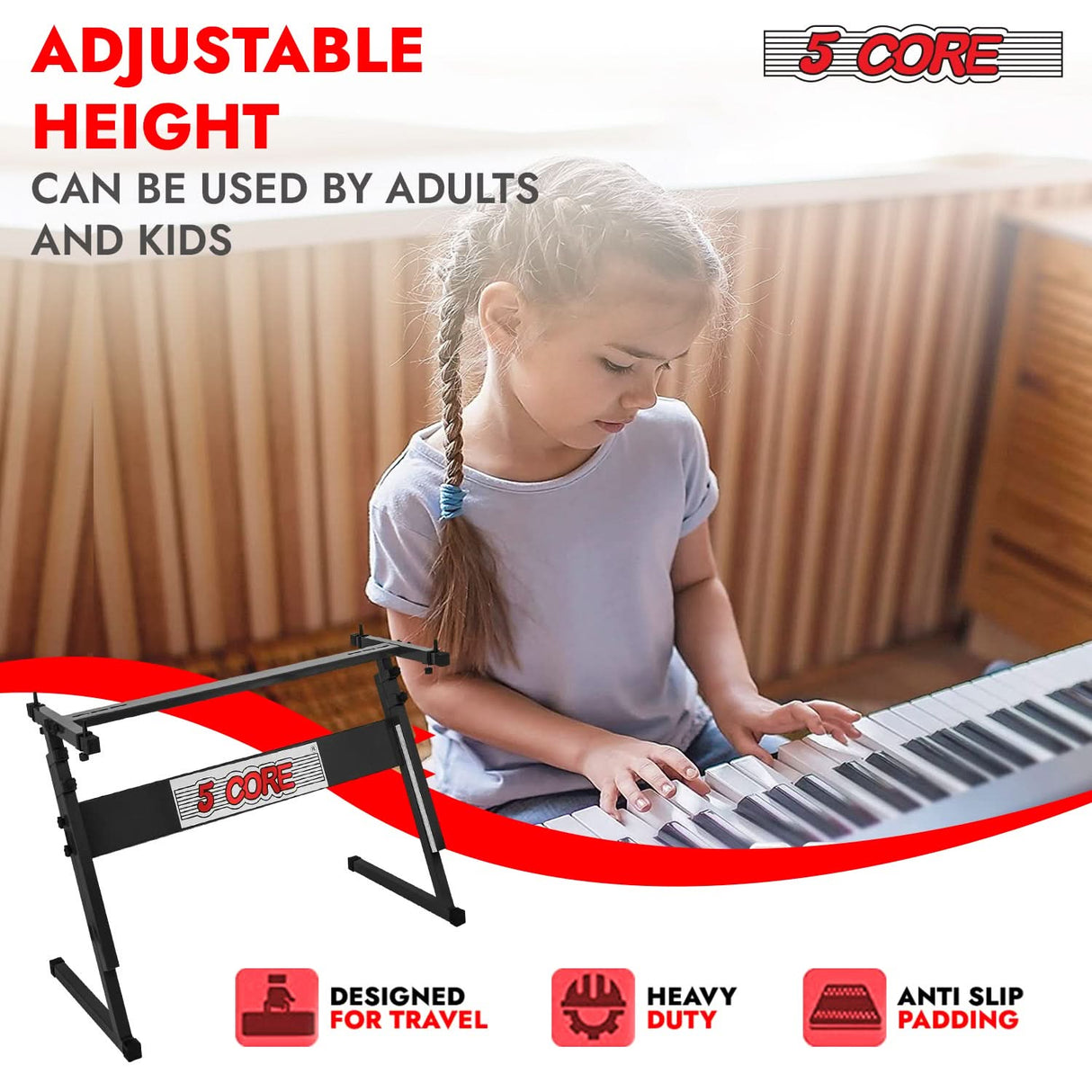 5 Core Keyboard Stand Adjustable 21 - 33" Z Style Metal Electric Piano Riser 330Lb Capacity Foldable