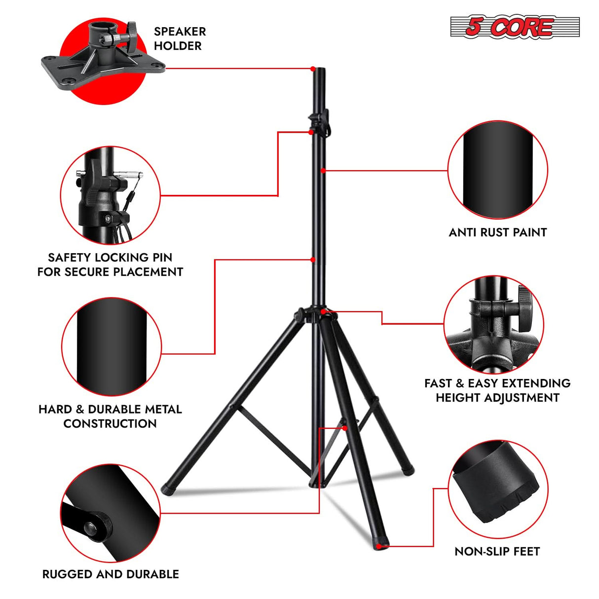 5Core Speaker Stand Tripod Tall Adjustable 72 Inch DJ Pole Mount Studio Monitor Stands BLACK 2 PK