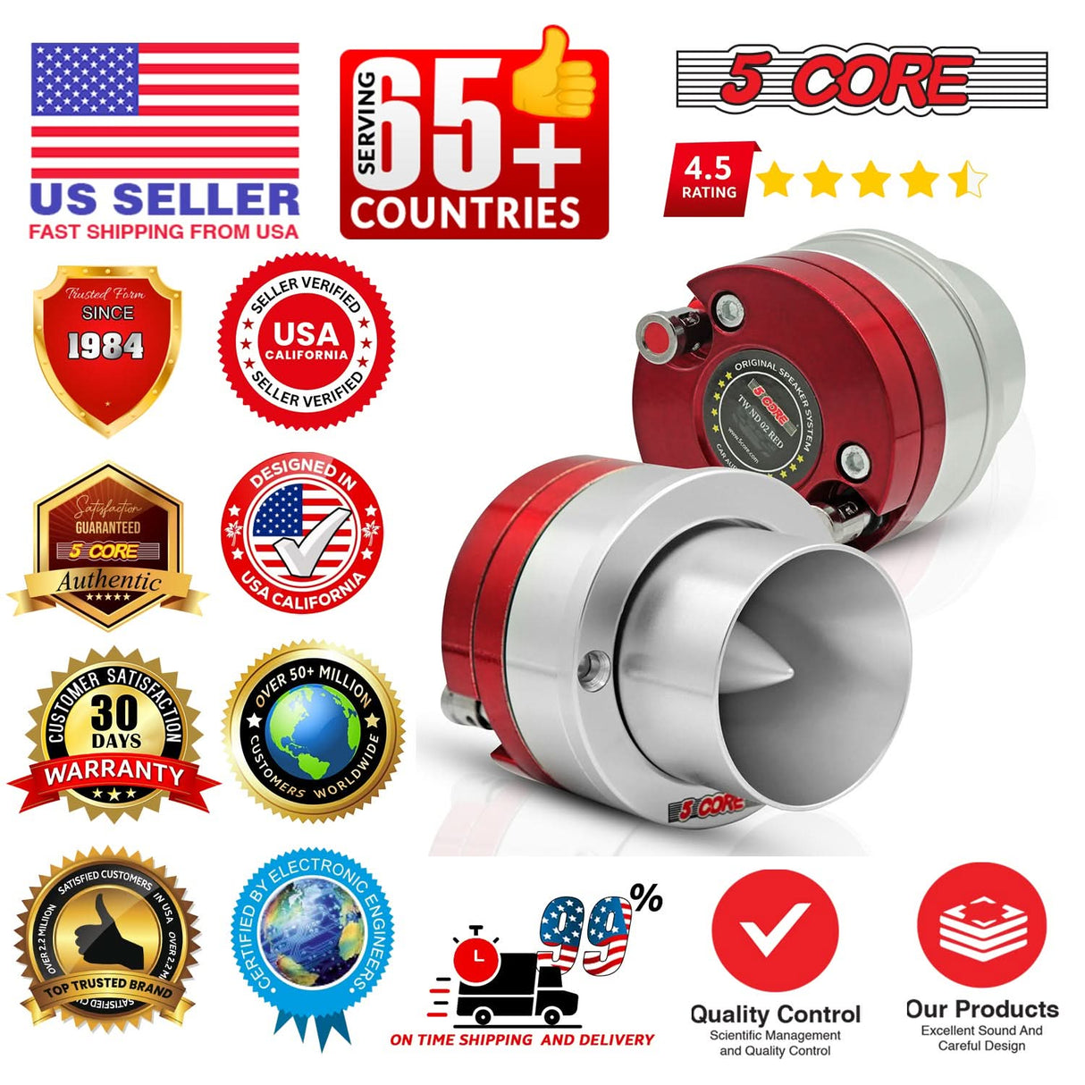 5Core Super Tweeter 2Pc 1 Inch Neodymium 300W Compression Titanium Bullet Tweeters w Aluminum Frame