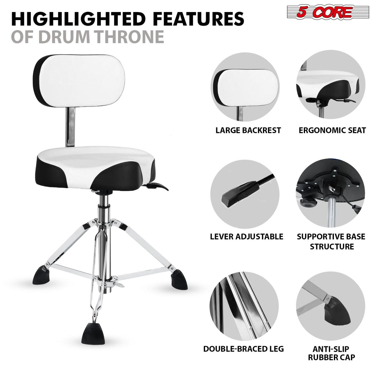 5 Core Drum Throne 4" Padded Seat w Backrest Airlift Adjustable Chair Ergonomic Drummer Stool
