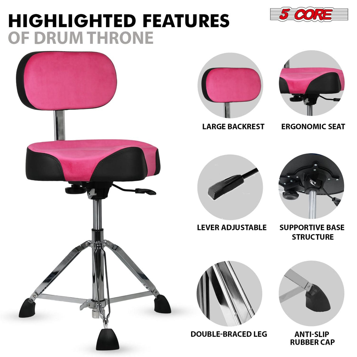 5 Core Drum Throne w Backrest 4" Padded Stool Airlift 25" Adjustable Drummer Stool 441Lb Capacity