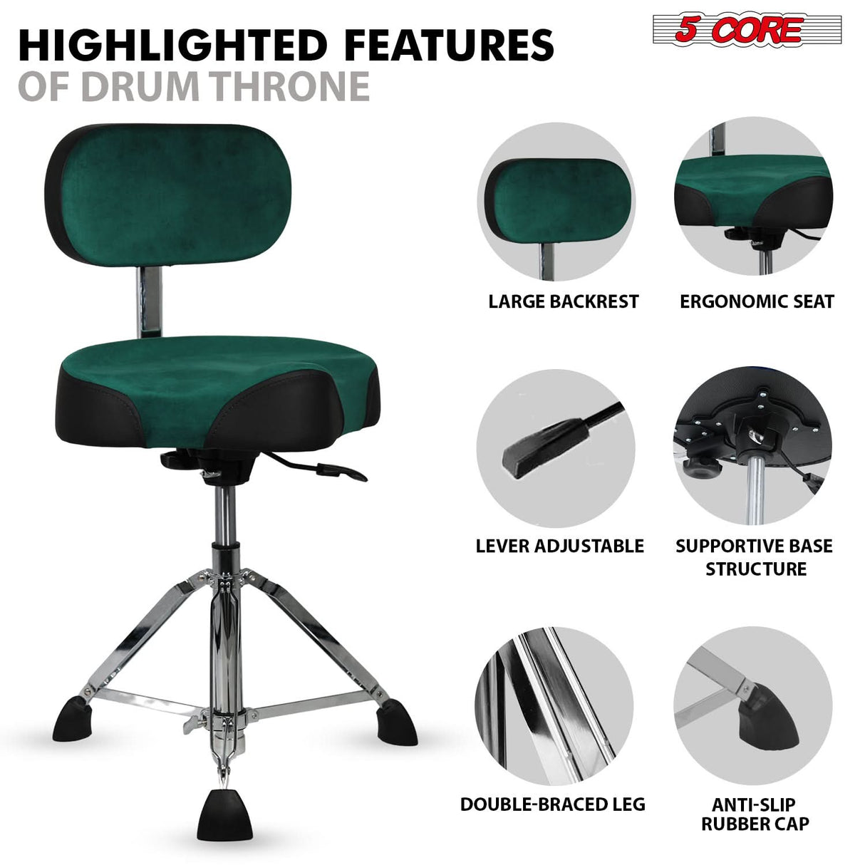 5 Core Drum Throne w Backrest 4" Padded Stool Airlift 25" Adjustable Drummer Stool 441Lb Capacity