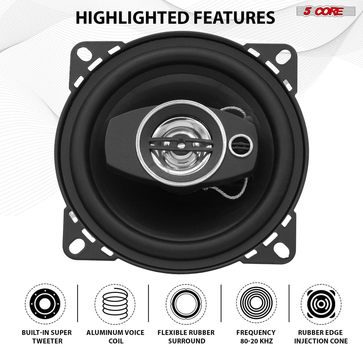 5Core Coaxial Door Car Speakers 4” Pair 250W 4Ohm 2 Way Component Subwoofer Audio w Super Tweeter
