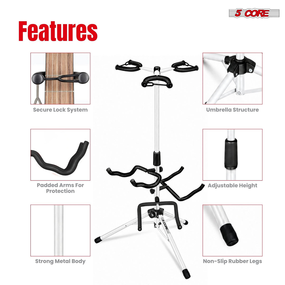5 Core Triple Guitar Stand Floor w Foam Arms for Acoustic Electric Guitars