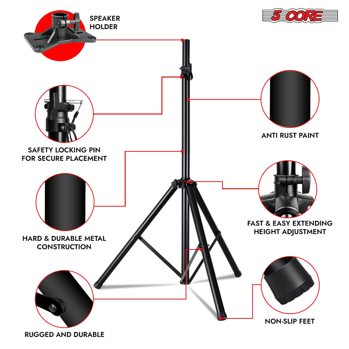 5 Core Speaker Stand Adjustable PA DJ Tripod Stands w 35mm Pole 132 Lbs Capacity