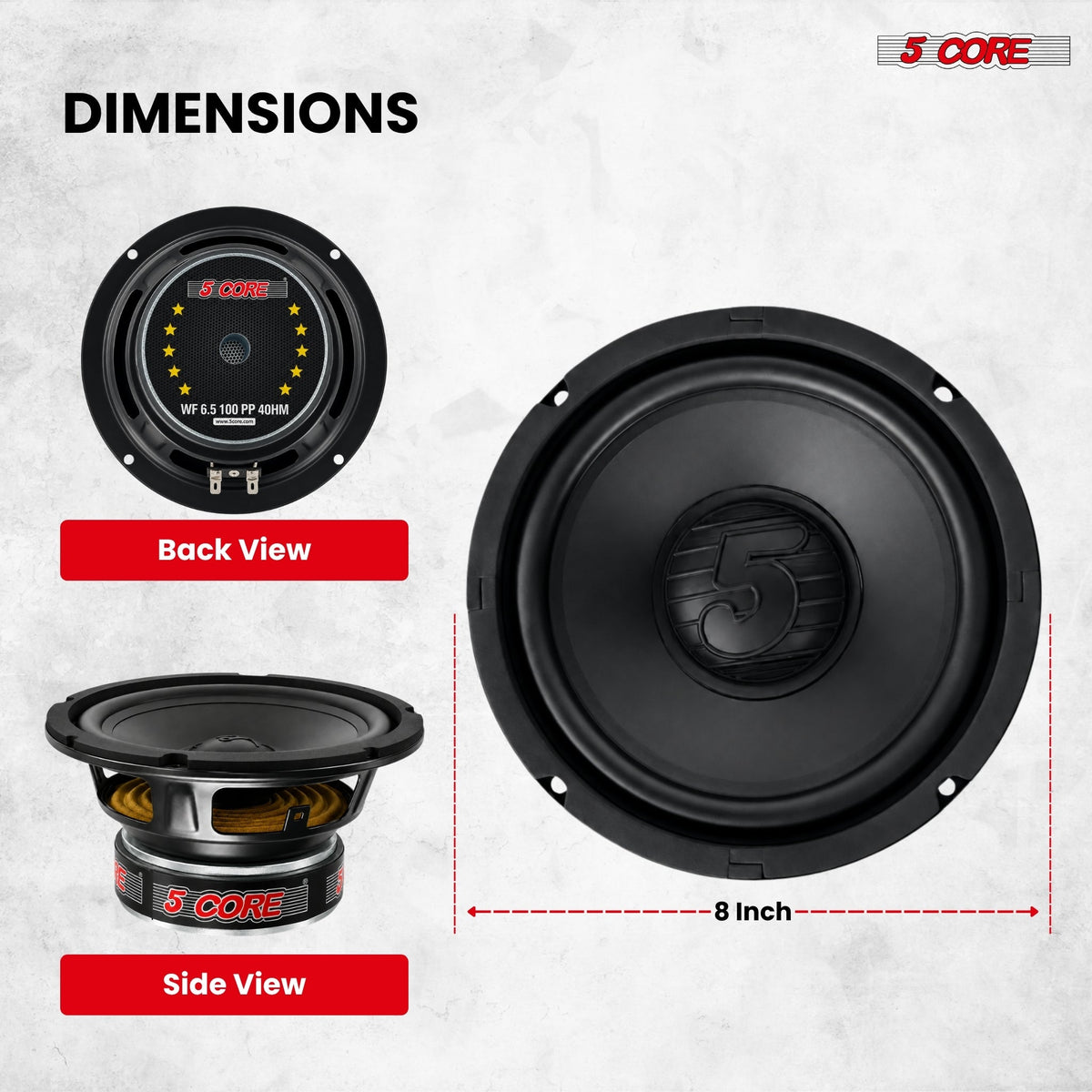 5 CORE 8 Inch Car Audio Subwoofer 1000W 4Ohm Shallow Mount Woofer Speaker