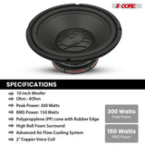 5 Core 10 Inch Woofer Pair 300W Car Subwoofer 4Ohm Replacement Deep Sub w Poly Cone