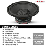 5 Core 8 Inch Woofer Pair 200W Car Subwoofer 4Ohm Replacement Deep Sub w Poly Cone