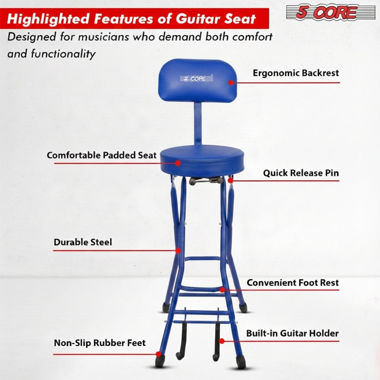 5Core Guitar Stool 3.15" Padded Chair w Backrest Foldable Music Seat Built in Foot Rest Guitar Stand
