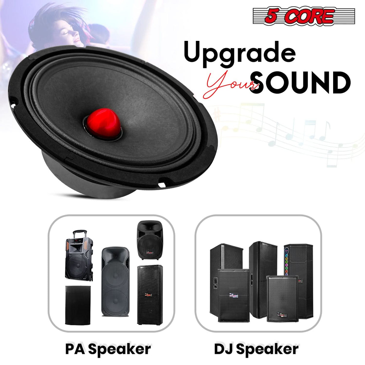5 Core 8" Midrange Speaker 2Pc 500W Aluminum Bullet 8Ohm Pro Audio Slim PA DJ Car Door Loudspeaker