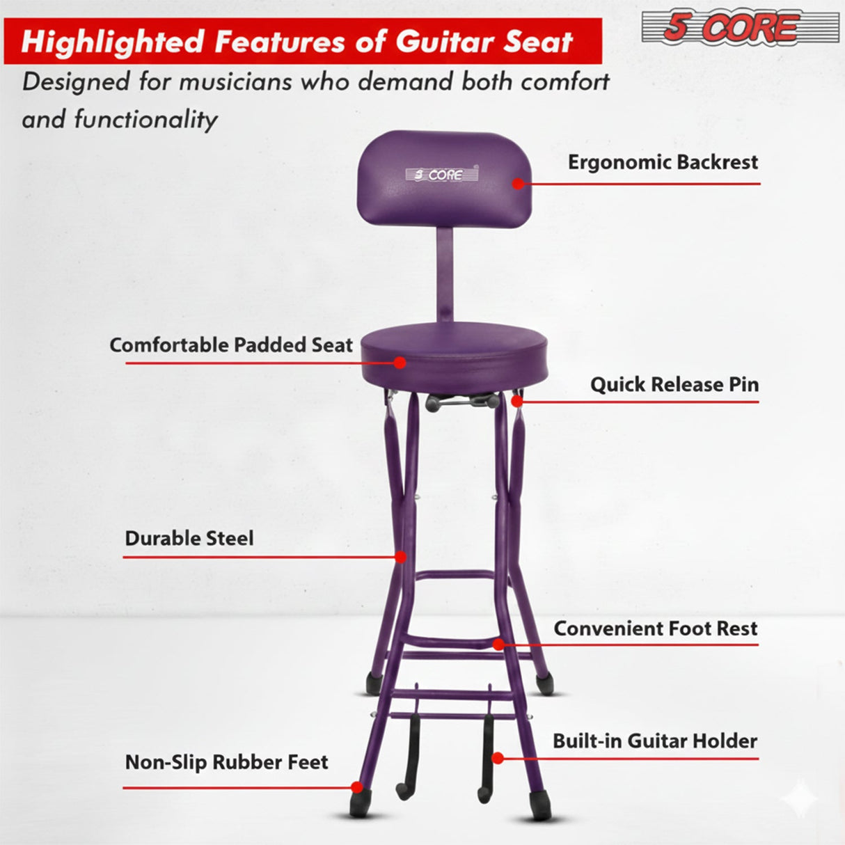 5Core Guitar Stool 3.15" Padded Chair w Backrest Foldable Music Seat Built in Foot Rest Guitar Stand