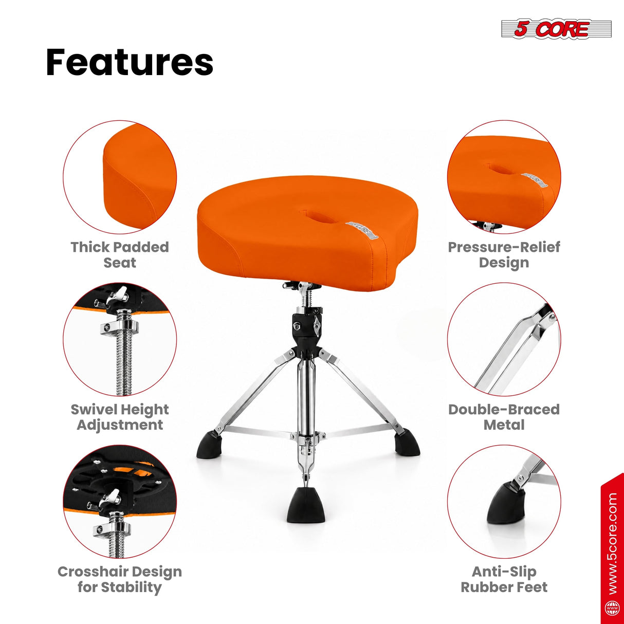 5 Core Drum Throne w 4.5" Padded Stool Adjustable Drummer Chair