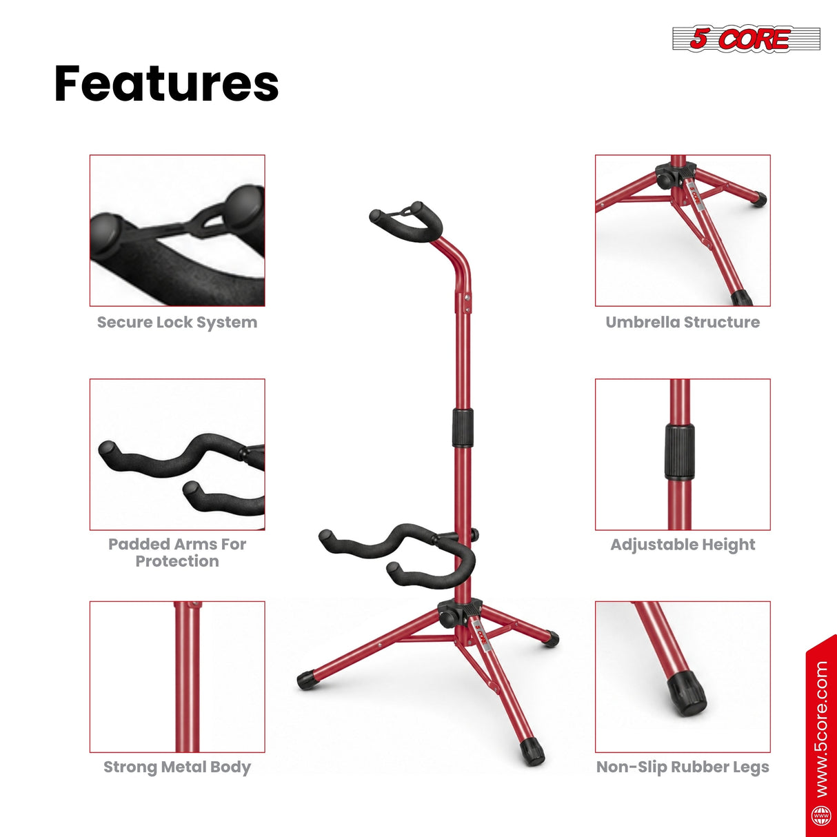5 Core Guitar Stand Floor Adjustable Heavy Duty w Neck Holder for Acoustic Electric Classic Bass