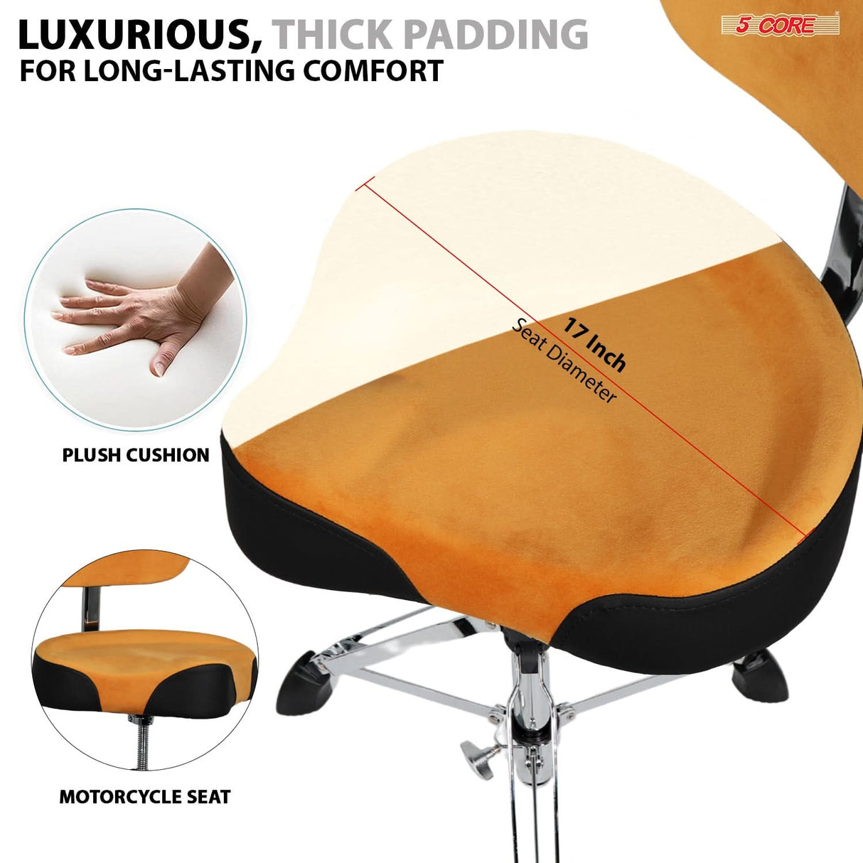 5 Core Drum Throne w Backrest 4" Padded Adjustable 26.5" Drummer Stool w Velvet Top 441Lb Capacity