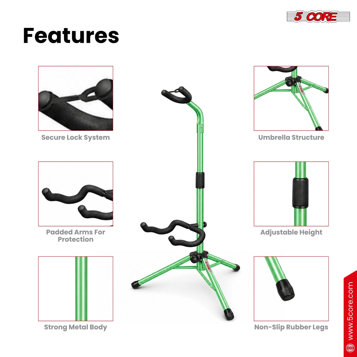 5 Core Guitar Stand Floor Adjustable Heavy Duty w Neck Holder for Acoustic Electric Classic Bass