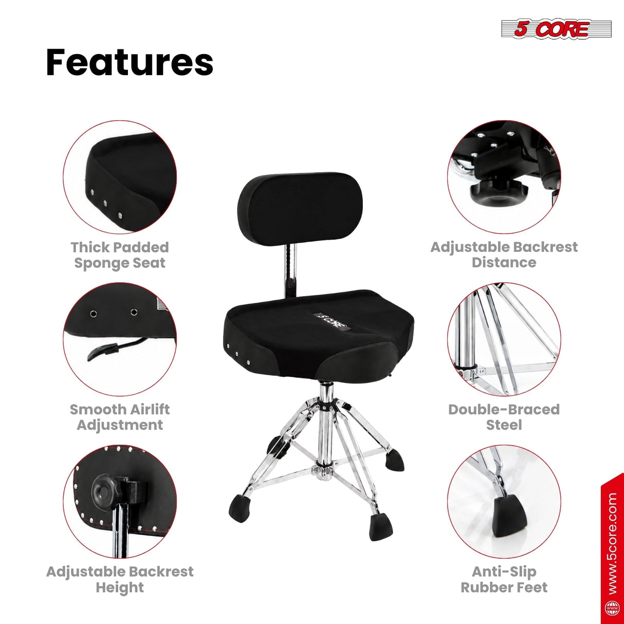 5 Core Drum Throne w Backrest 4" Padded Stool Airlift Adjustable Drummer Chair