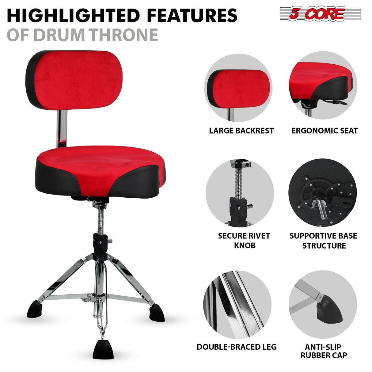 5 Core Drum Throne w Backrest 4" Padded Adjustable 26.5" Drummer Stool w Velvet Top 441Lb Capacity