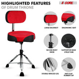 5 Core Drum Throne w Backrest 4" Padded Adjustable 26.5" Drummer Stool w Velvet Top 441Lb Capacity