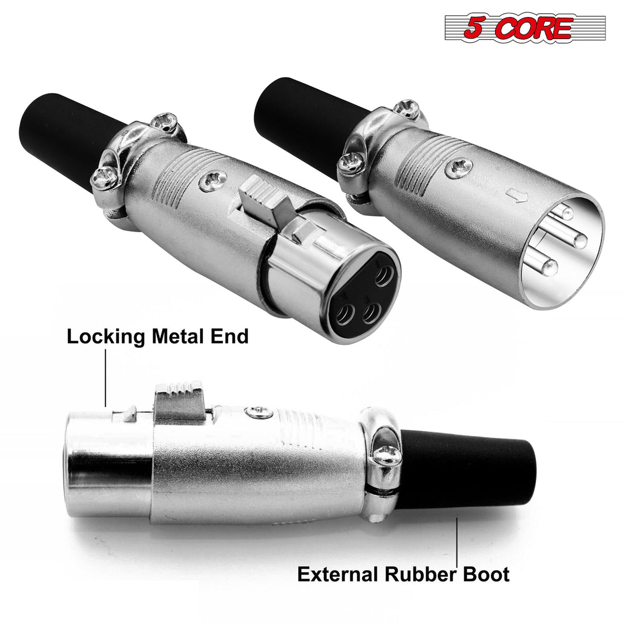 5Core XLR Connector Male Female to 1/4 Audio Jack 3 Pin Secure Mic Plug w Locking Ends