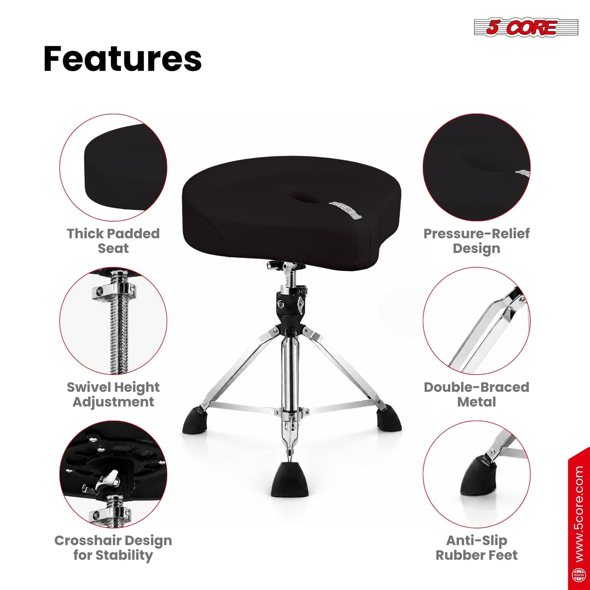 5 Core Drum Throne w 4.5" Padded Stool Adjustable Drummer Chair
