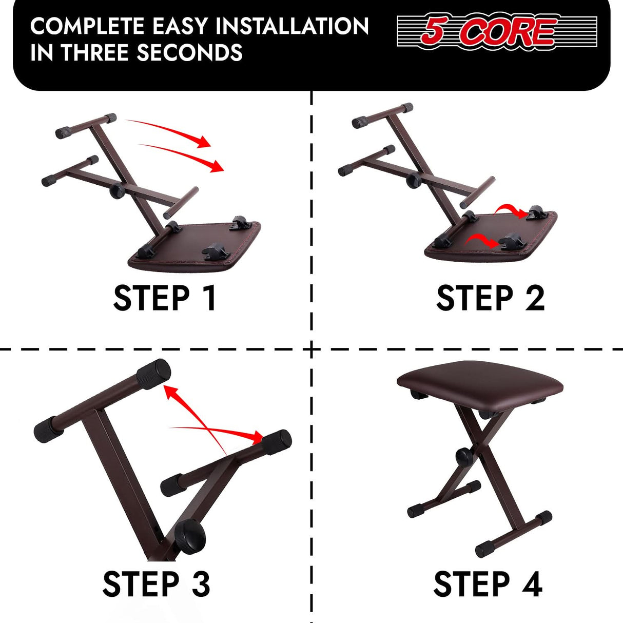 5 Core Keyboard Bench 2" Padded Cushioned Piano Stool Height Adjustable Guitar Seat Folding Portable