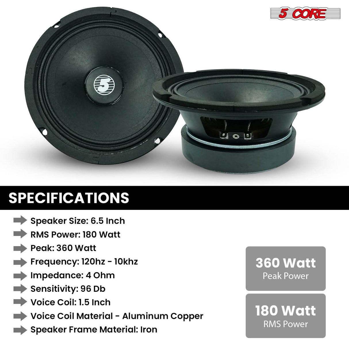 5 Core 6.5" Mid-Range Replacement 2Pc Pro Audio Car Speaker 360W 4 Ohms 60W Aluminum Super Tweeters