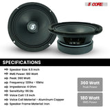 5 Core 6.5" Mid-Range Replacement 2Pc Pro Audio Car Speaker 360W 4 Ohms 60W Aluminum Super Tweeters