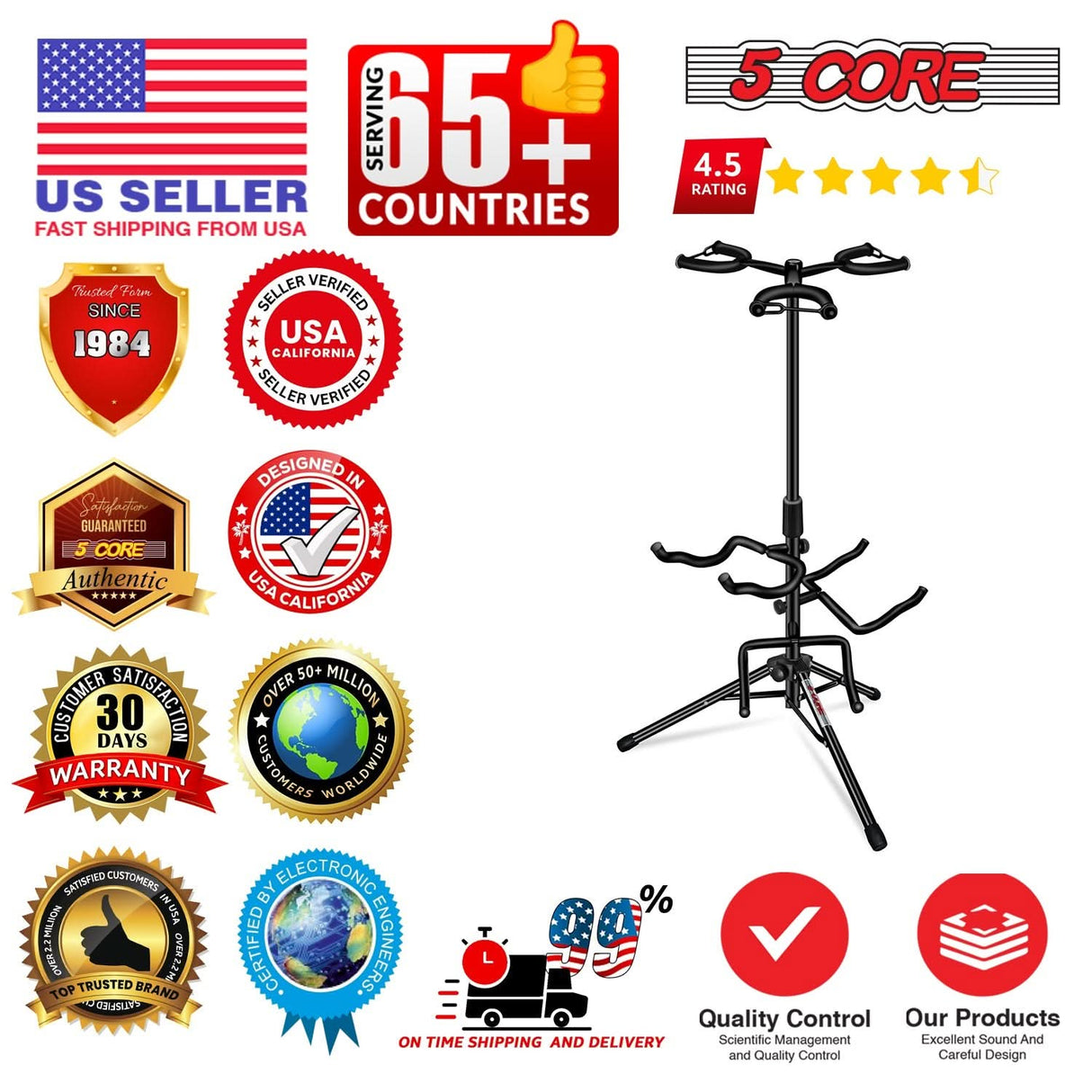 5 Core Guitar Stand Adjustable Triple Guitars Stands Floor w Neck Holder for Acoustic Electric Bass