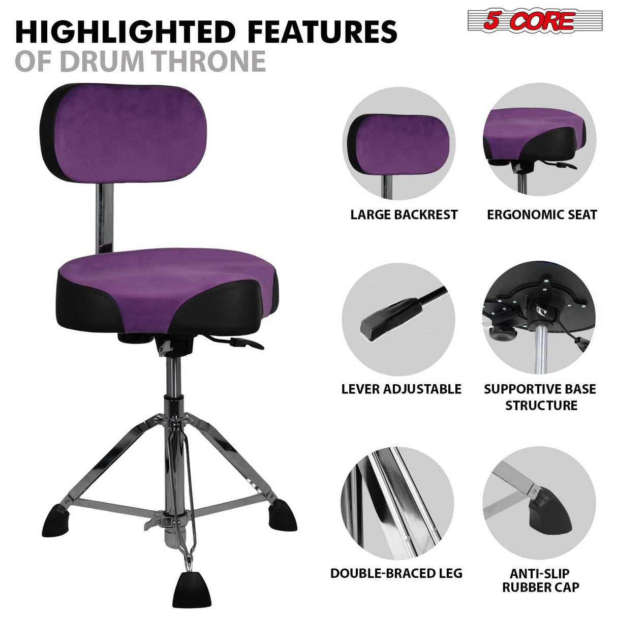5 Core Drum Throne w Backrest 4" Padded Stool Airlift 25" Adjustable Drummer Stool 441Lb Capacity