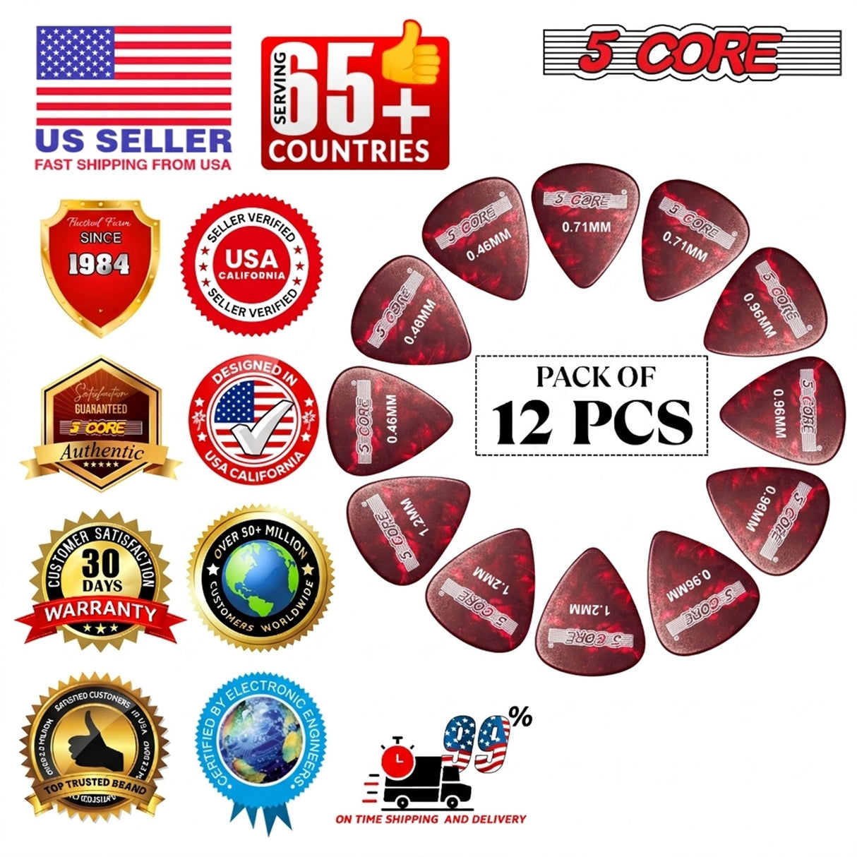 5 Core Guitar Picks 12 Piece Celluloid Light Medium Heavy Extra Heavy for Acoustic Electric Guitars