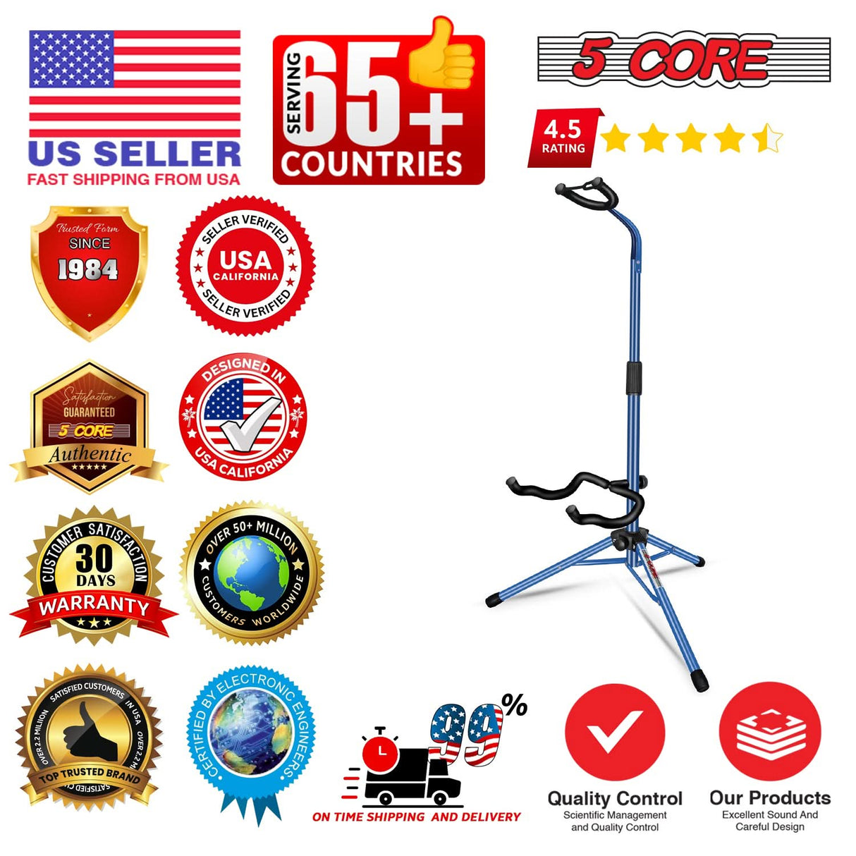 5 Core Guitar Stand Floor Adjustable Heavy Duty w Neck Holder for Acoustic Electric Classic Bass