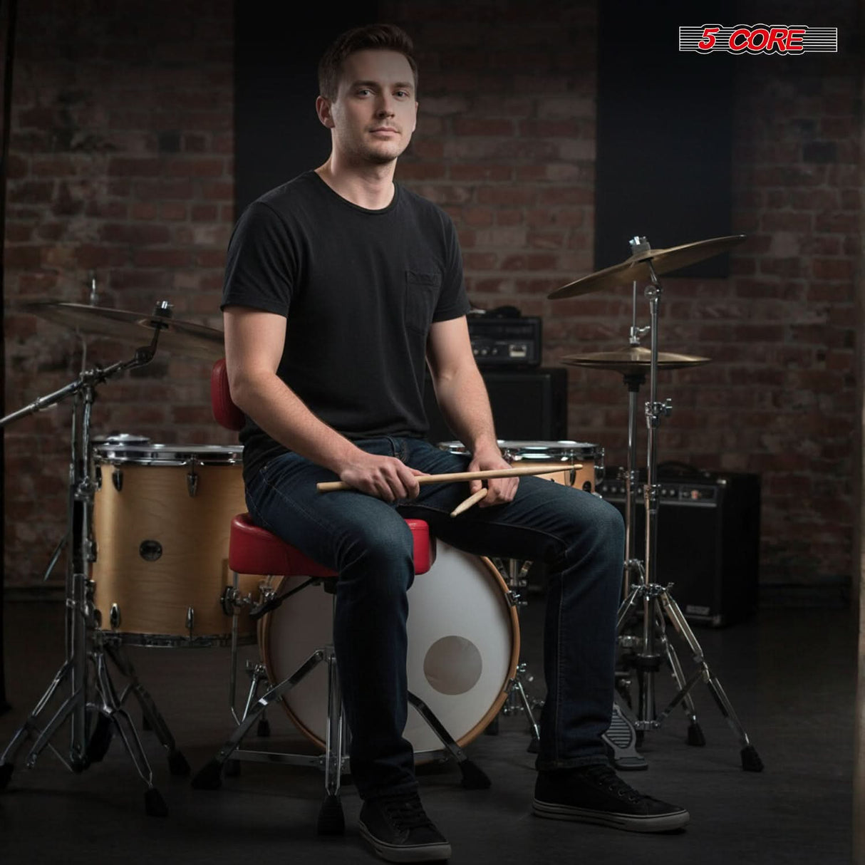 5 Core Drum Throne w Backrest 4" Padded Stool Adjustable 24.5" Drummer Chair w 441Lb Capacity