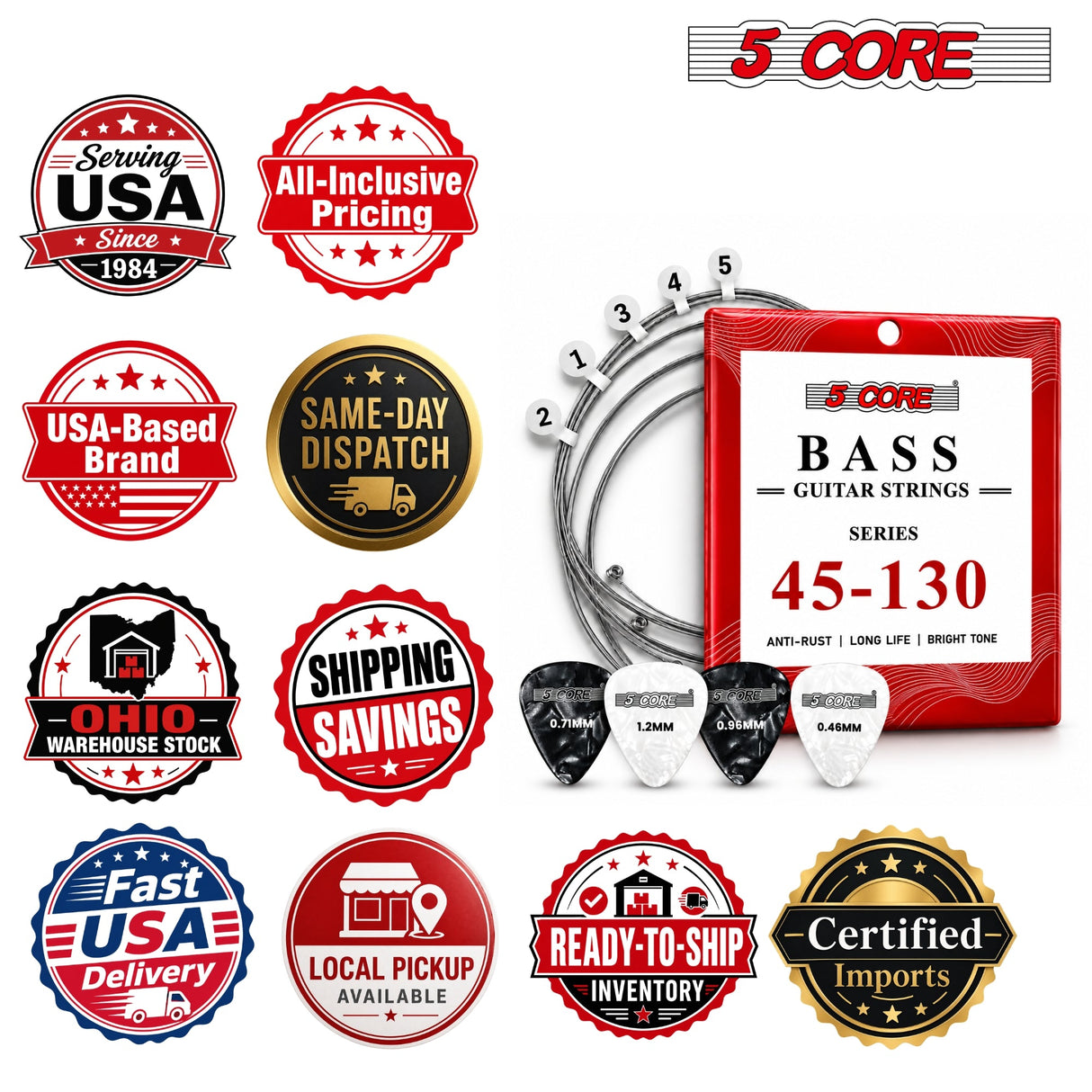 5 Core Bass Guitar Strings Brass Phosphor Bronze Light Gauge Bright Tone 5 String Set