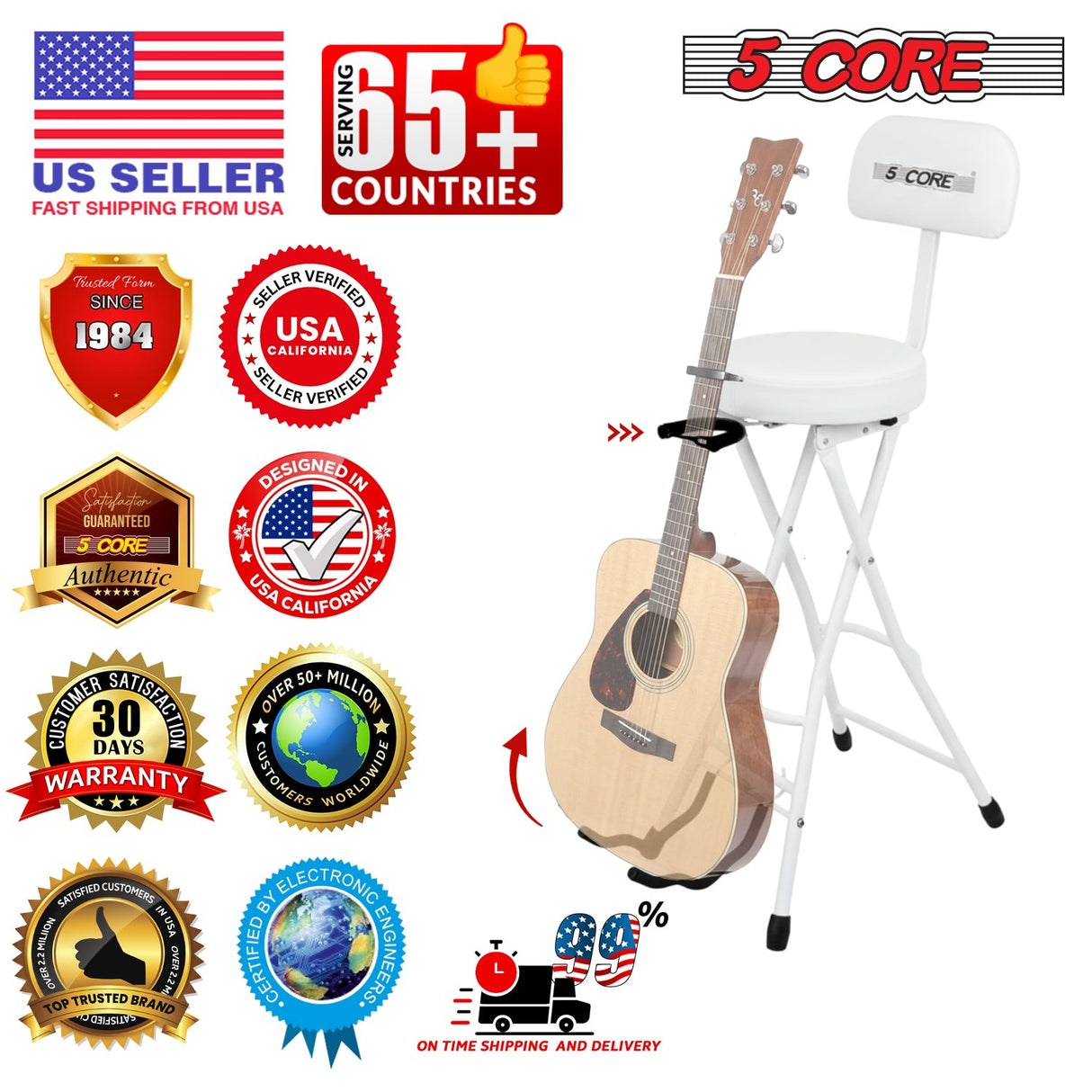 5 Core Guitar Stool w Backrest 3.15" Padded Chair Foldable Music Seat Built in Foot Rest Guitar Stand