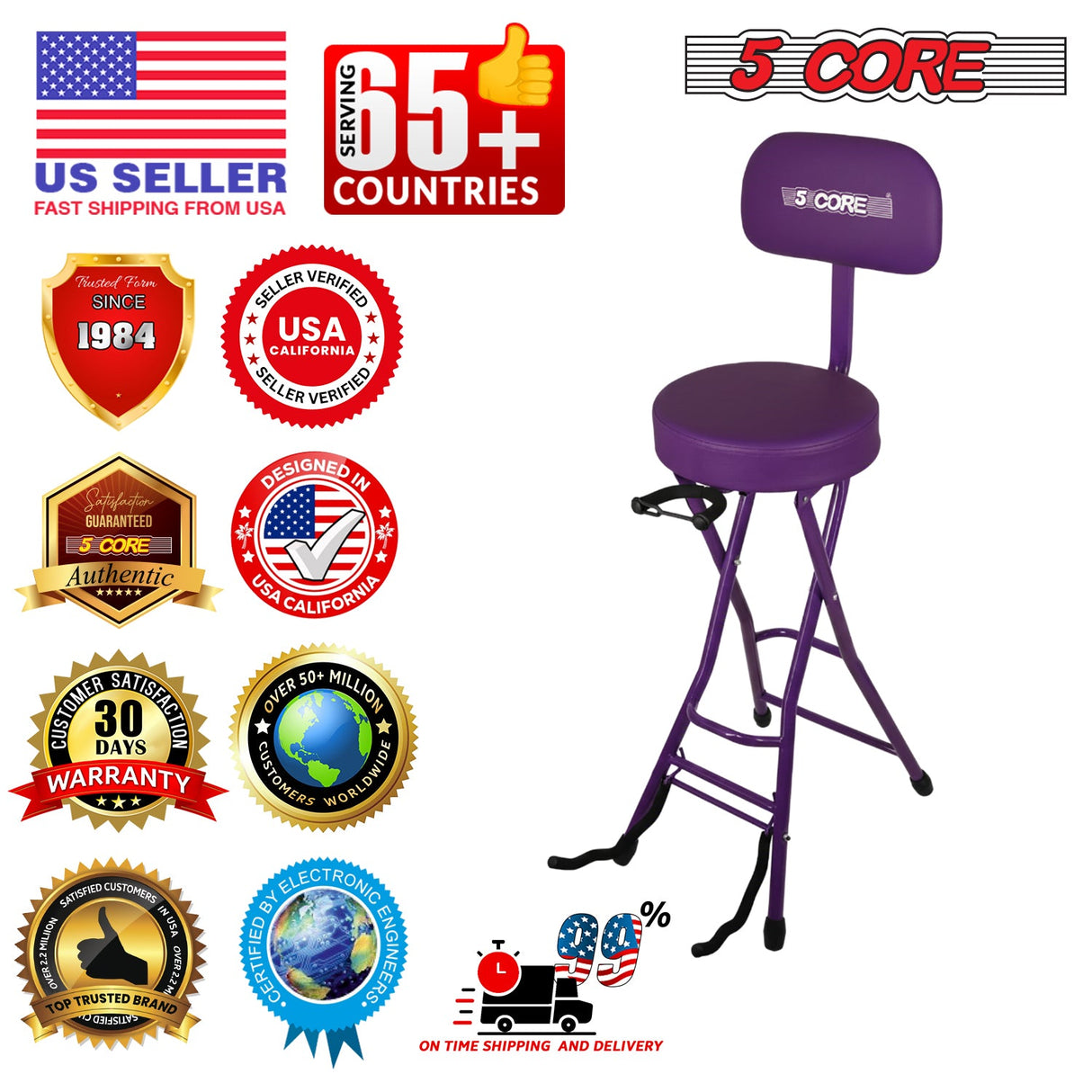 5Core Guitar Stool 3.15" Padded Chair w Backrest Foldable Music Seat Built in Foot Rest Guitar Stand