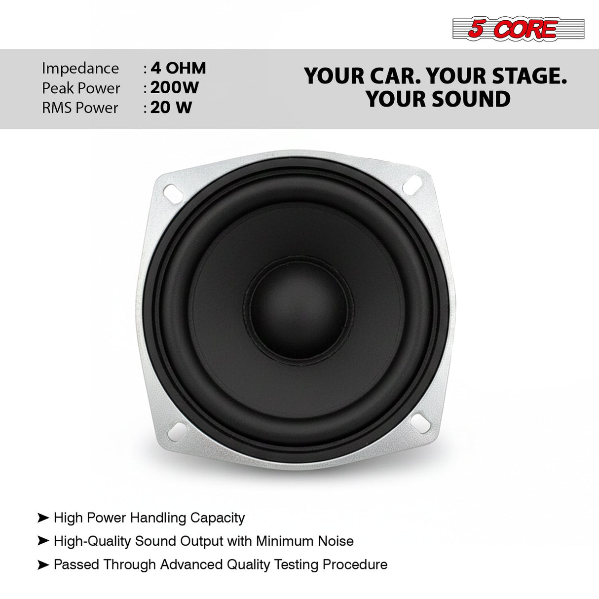 5 Core 4 Inch Subwoofer Pair 200W Car Audio Sub Woofer 4 Ohm Deep Bass Replacement Loud Speaker