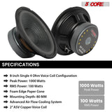 5 Core Car Subwoofer 8" 1000W Pro Audio Deep Bass Component Sub Woofer 4Ohm Replacement Loud Speaker