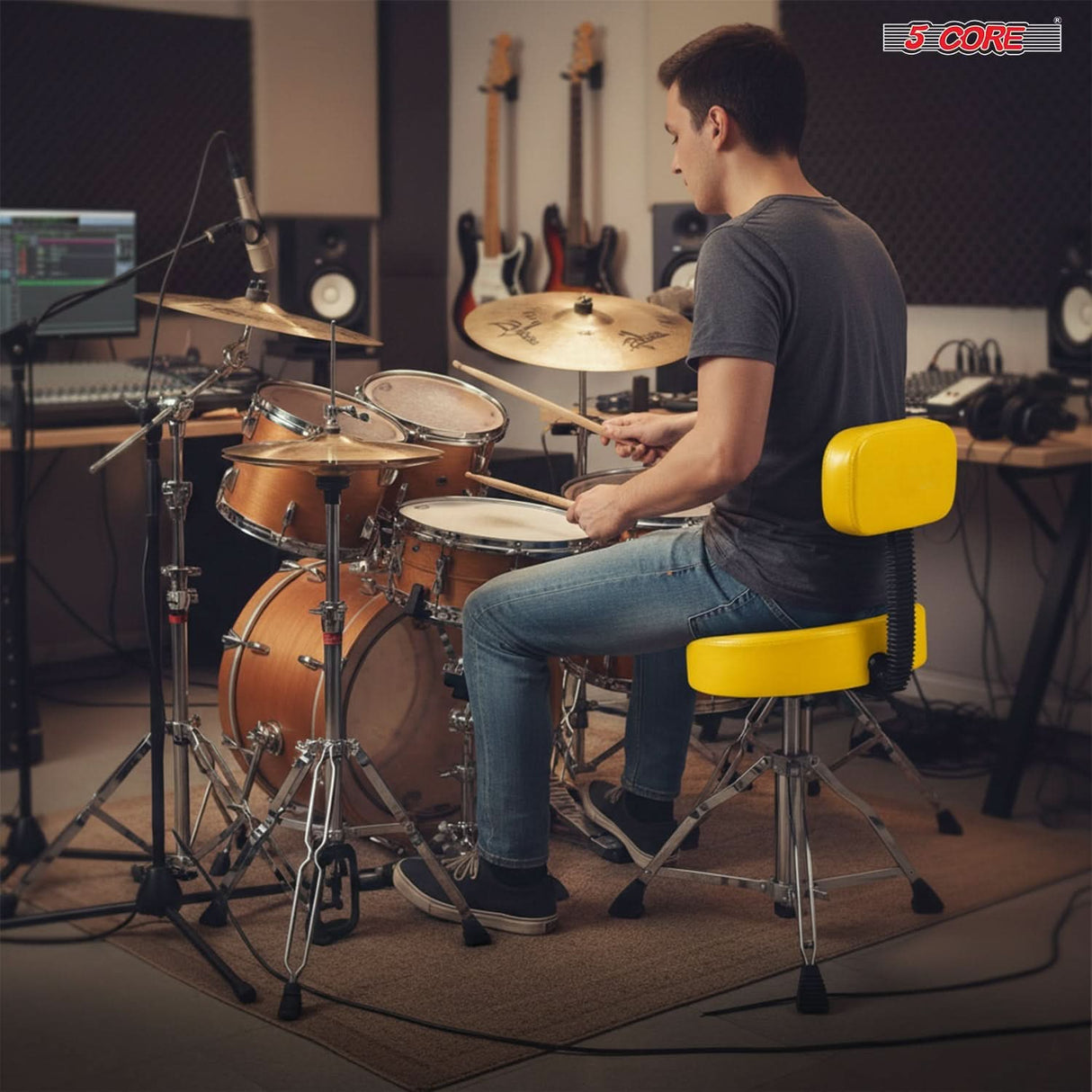 5Core Drum Throne 4" Cushion Padded Stool w Backrest Airlift Height Adjustable Chair w 441Lb Capcity