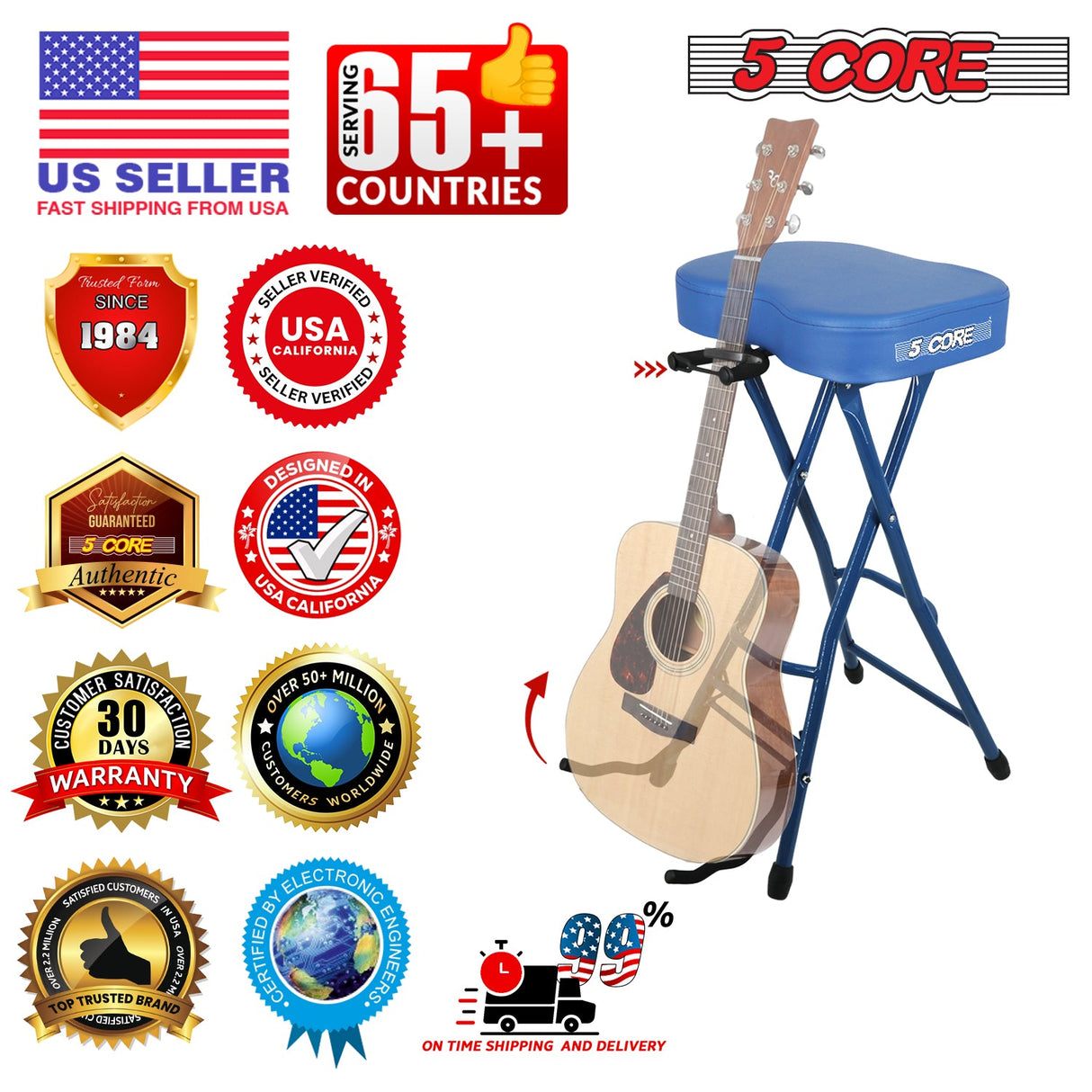 5 Core Guitar Stool 3.15" Padded Chair Foldable Music Seat w Built in Foot Rest Guitar Stand