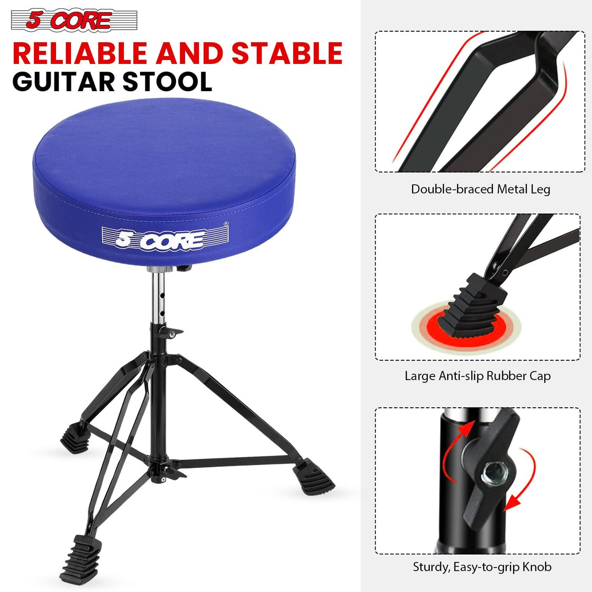 5 Core Drum Throne 3" Padded Drum Seat Height Adjustable Drumming Chair for Practice and Performance