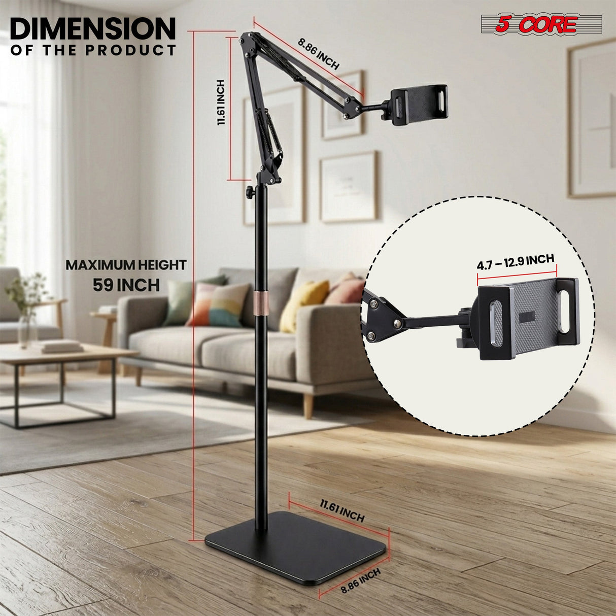 5 Core Tablet Floor Stand 360° Rotatable Adjustable Overhead Universal Bed Phone iPad Stand