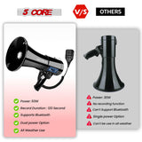 5 Core Megaphone 50W Bluetooth Rechargeable Bullhorn 1100 Yards Loud Siren for Soccer Baseball Coach