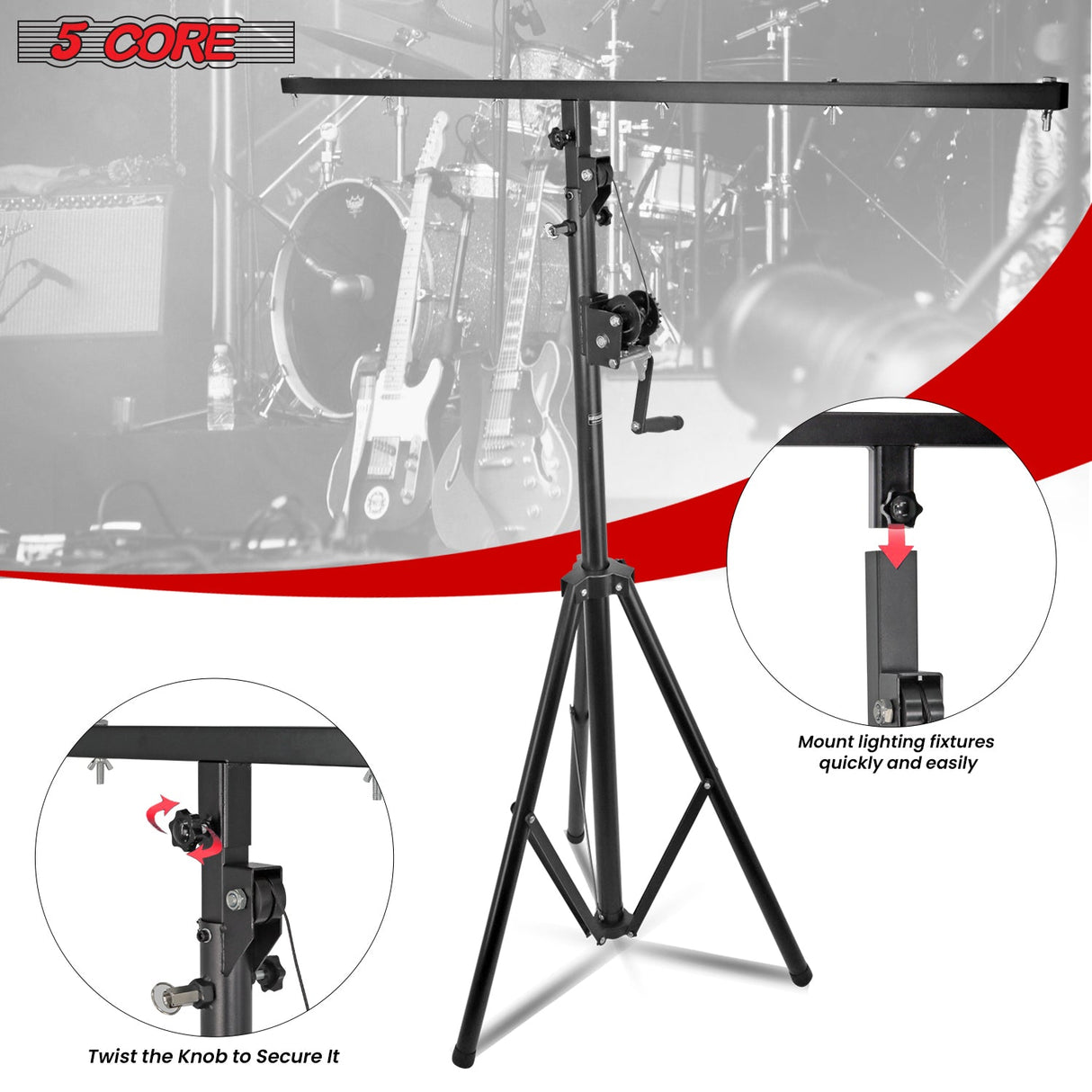 5Core DJ Light Stand Stage Lighting Truss System Hand Crank Heavy Duty Adjustable T bar Mount Tripod