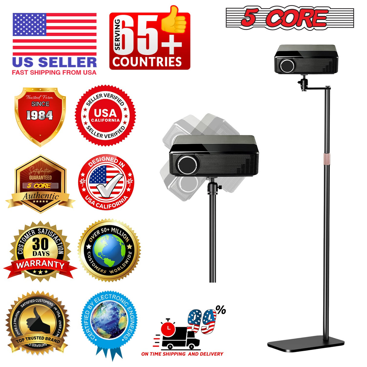5 Core Projector Stand Floor Adjustable 53" Universal Projectors Support for Home Office & Studio