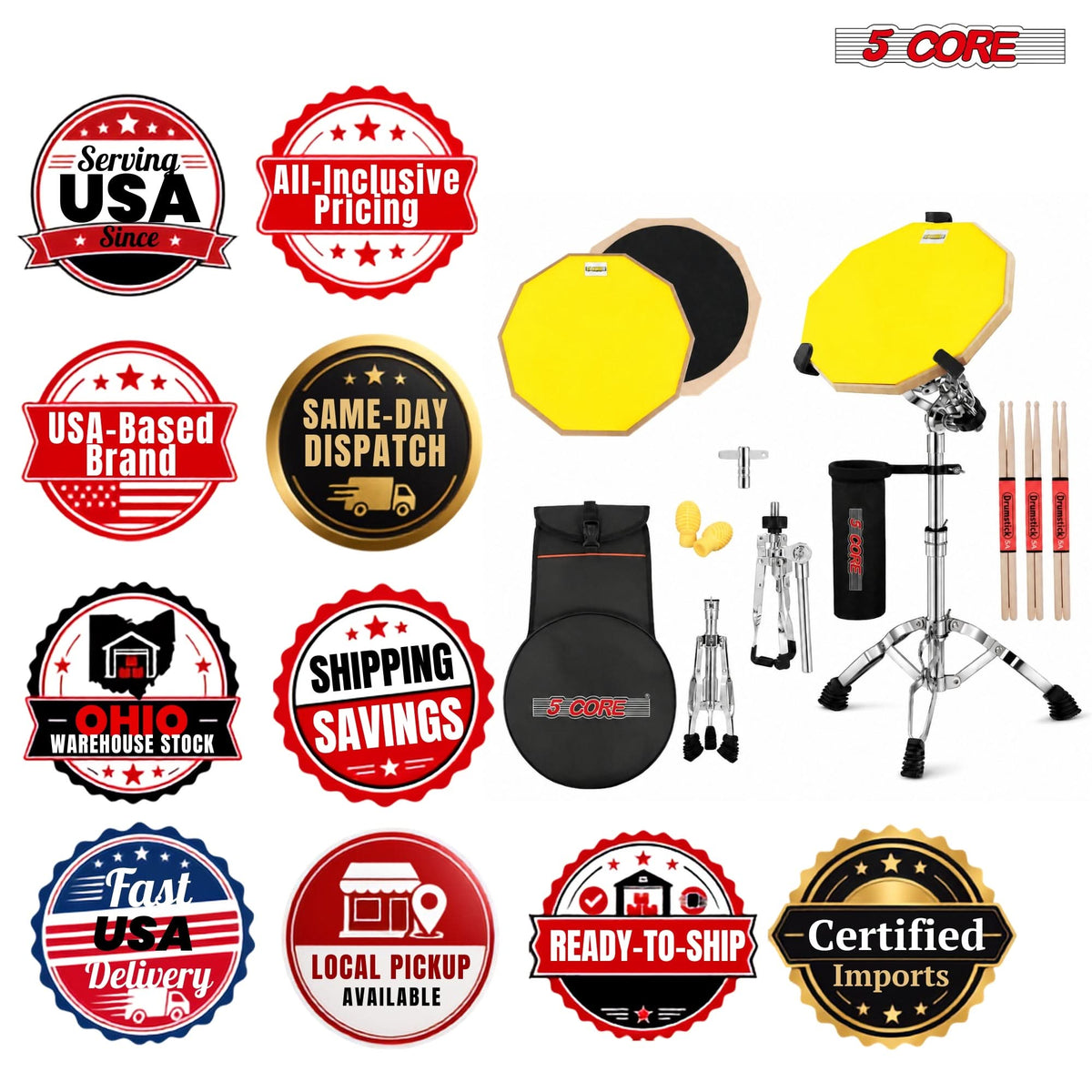 5 Core Drum Practice Pad Set 12" Snare Drumming Stand 2 Sided Drummer Kit