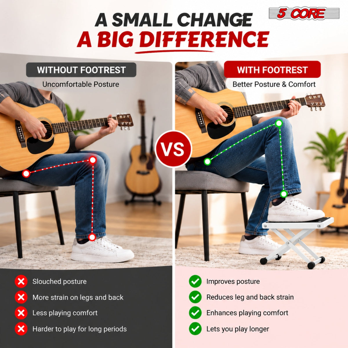 5 Core Guitar Foot Stool Metal  6-Level Adjustable Folding Leg Rest White