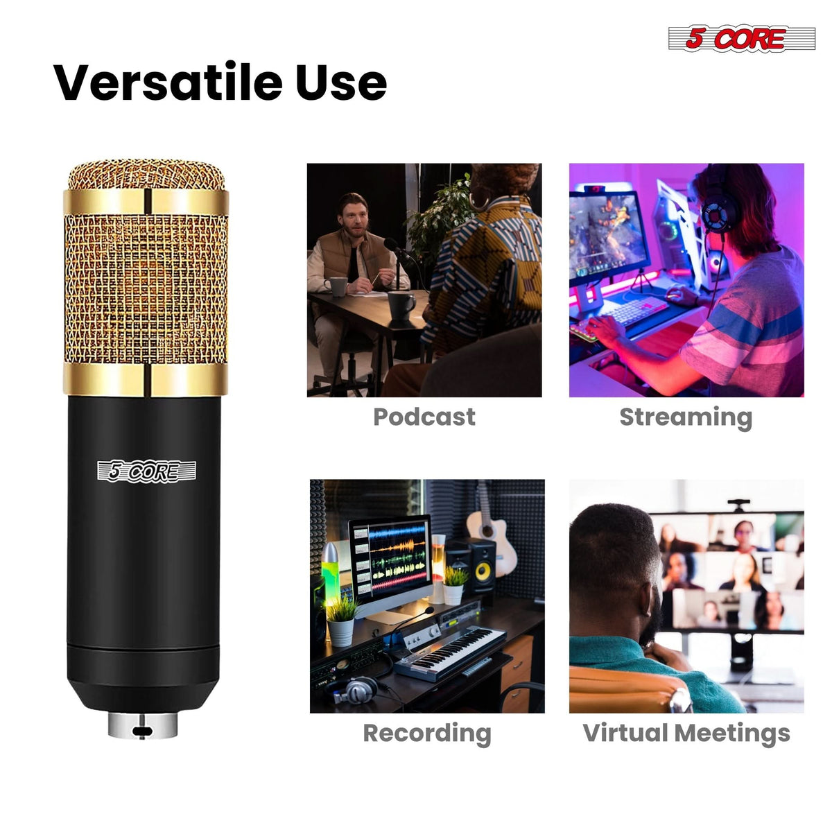 5 Core Podcast Equipment Bundle w Condenser Mic Voice Changer Audio Mixer