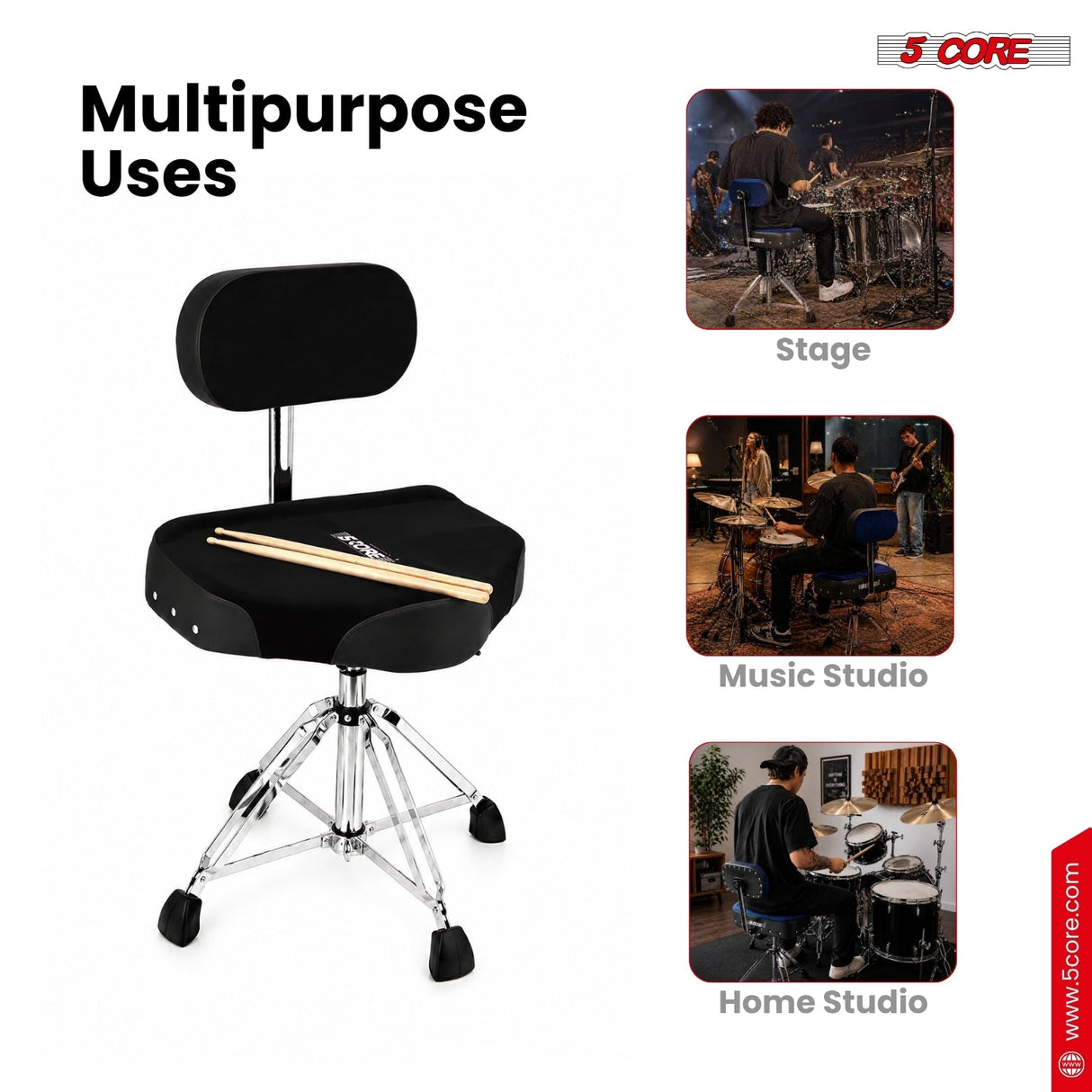 5 Core Drum Throne w Backrest 4" Padded Stool Airlift Adjustable Drummer Chair